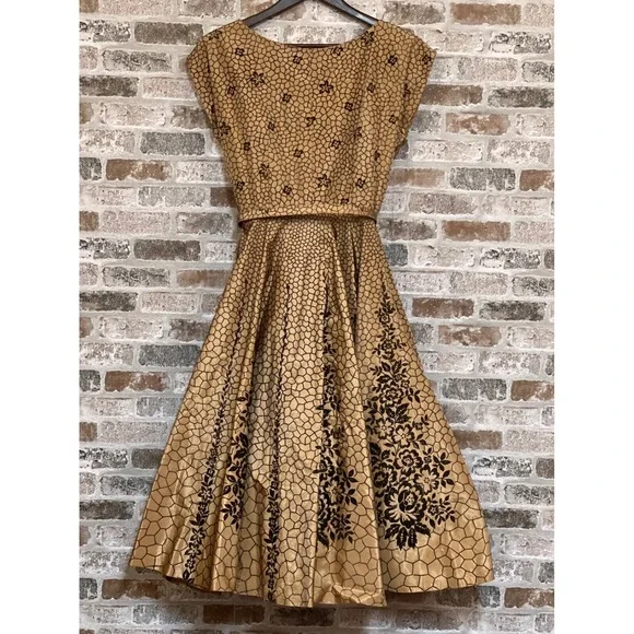1940/50 Champaign Taffetta Cocktail Dress, Flocked W/ Velvet/Glitter Lace Trim S - Picture 3 of 12